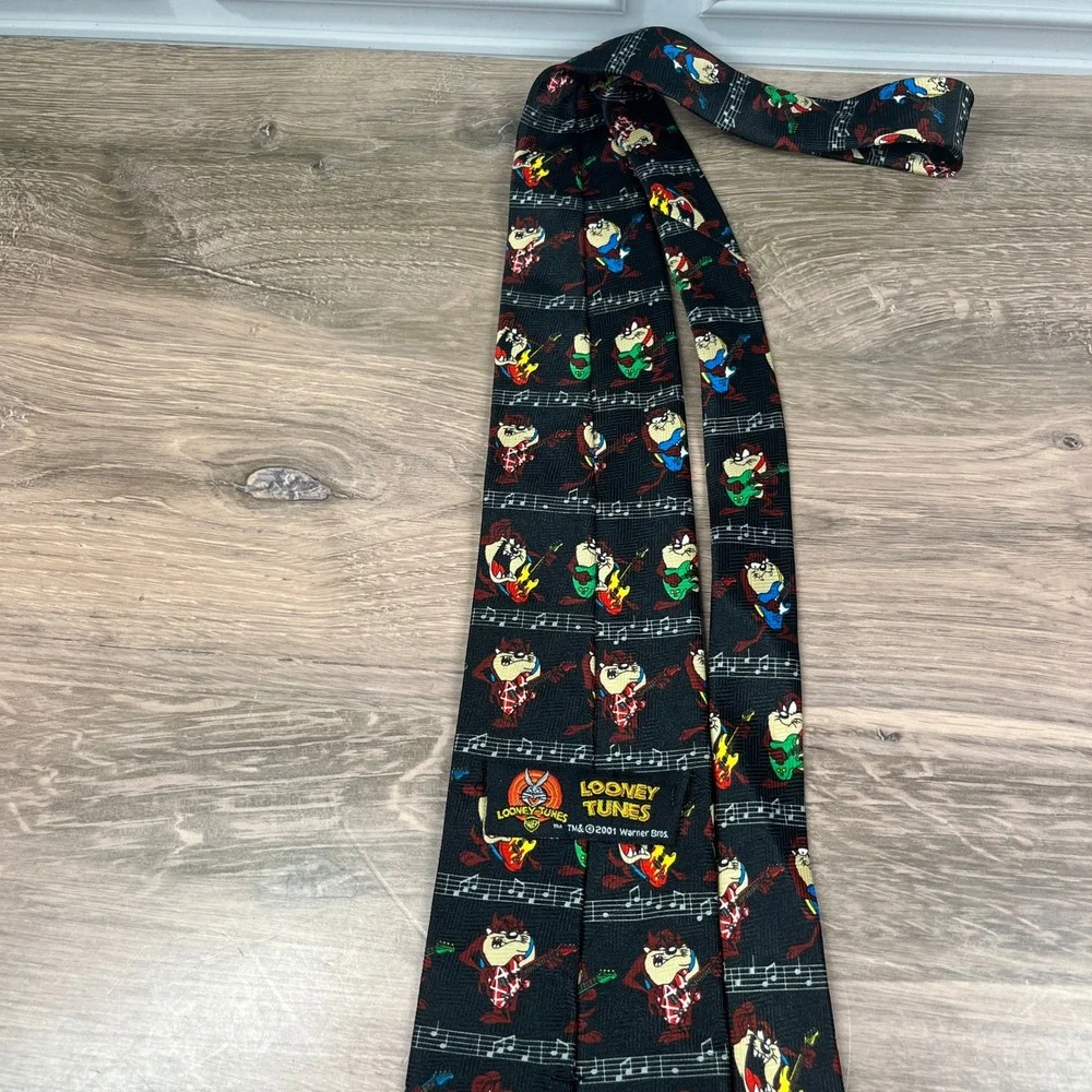 VTG 2001 Looney Tunes Necktie Mens Black Taz Tasmanian Devil Rock Guitar Music